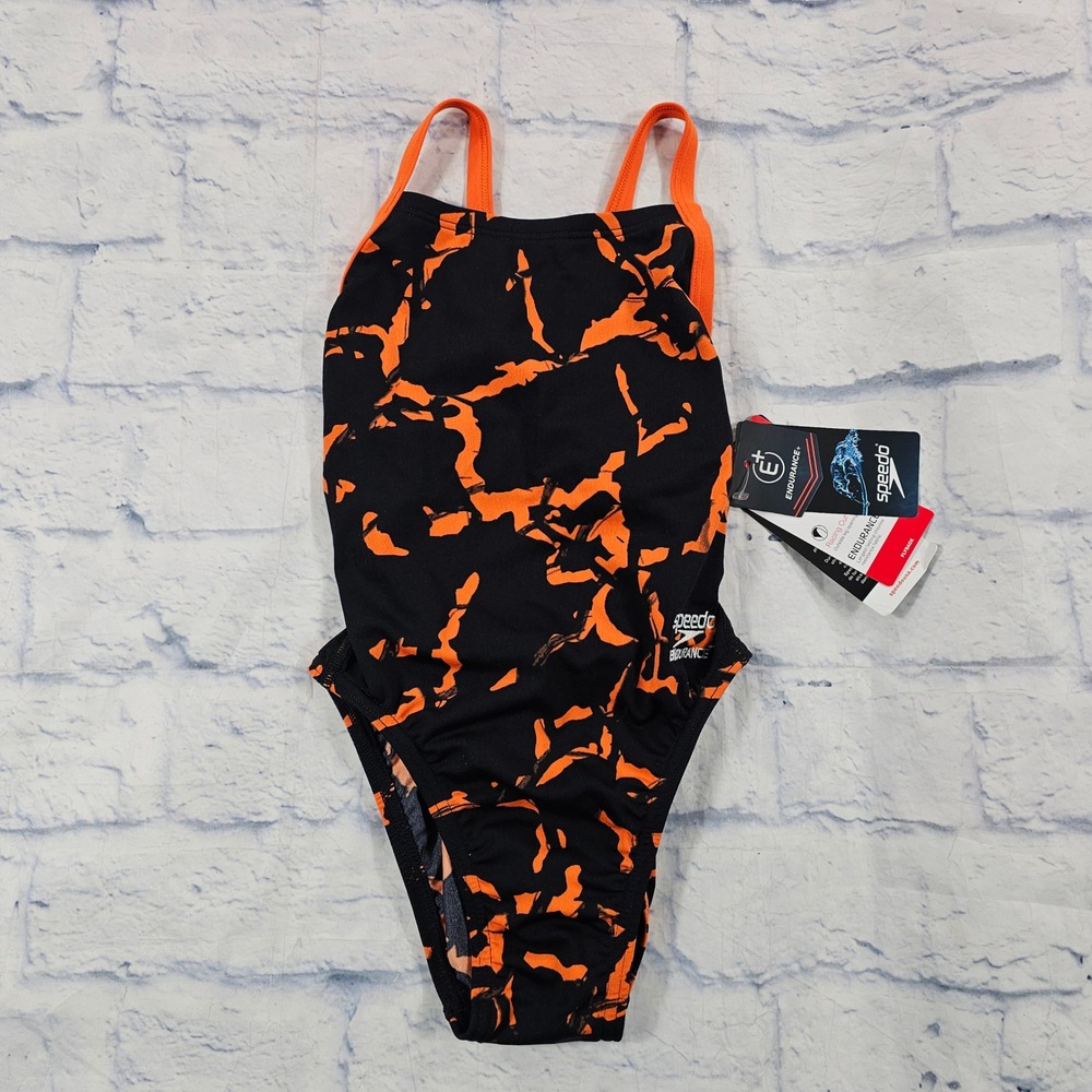 Speedo One Piece Swimsuit KIDS 20 Orange Black Flyback Endurance+ 7719007847
